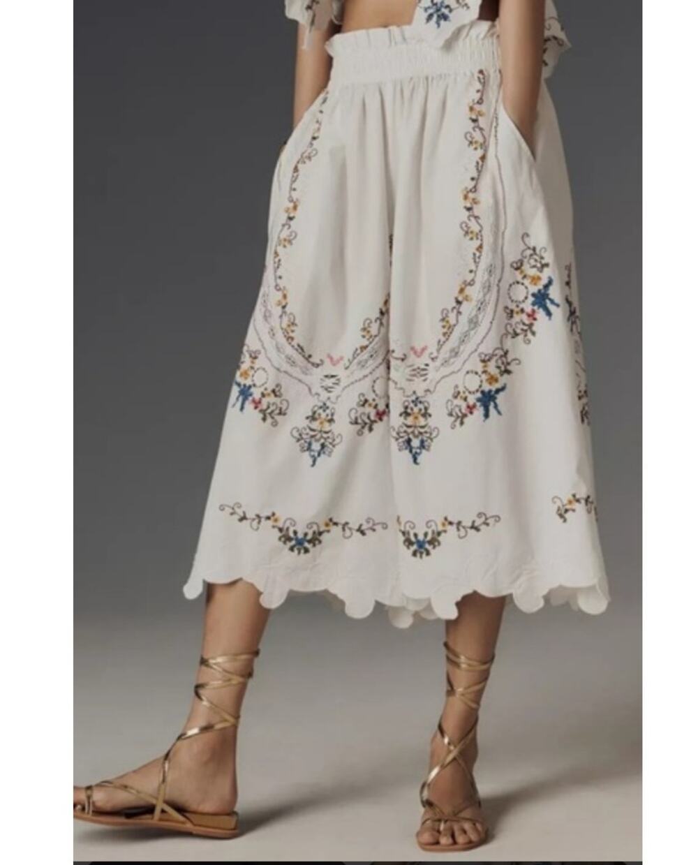 by Anthropologie White Embroidered Cotton Culottes Pockets NWT Size S